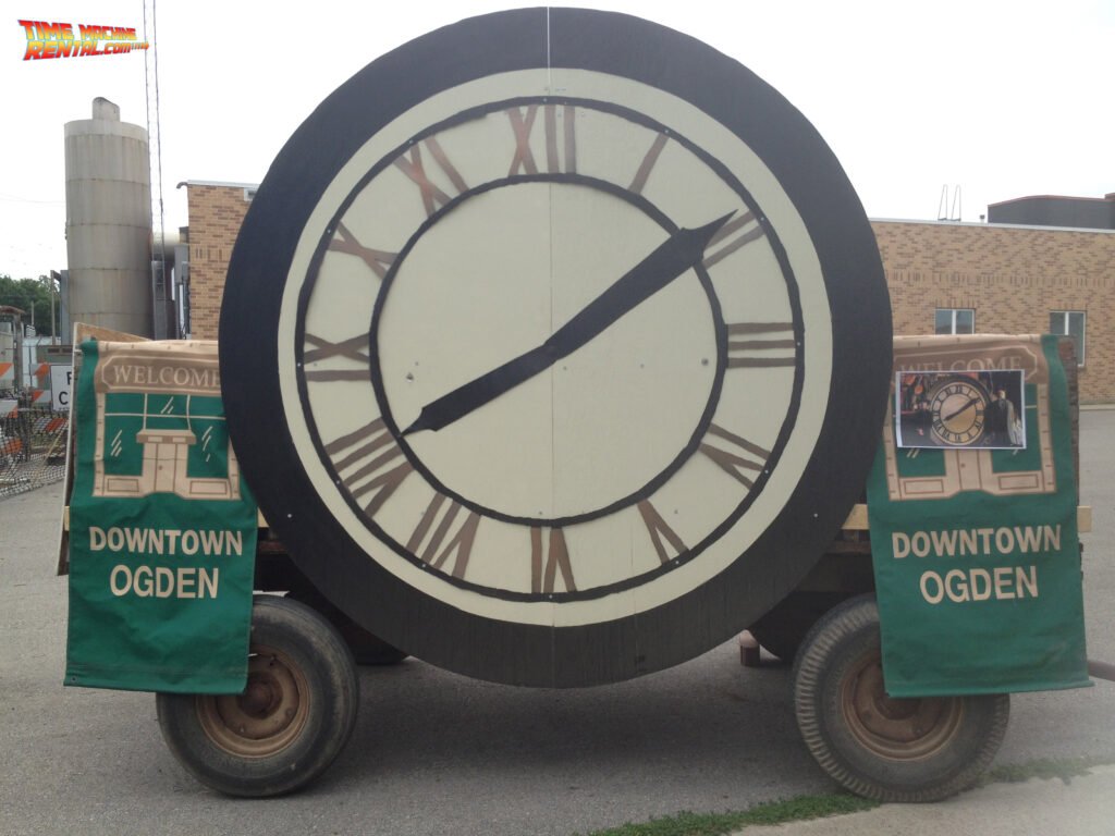 The 1885 Clock Tower stands on a truck ready for the arrival of the Back to the Future Car Rental