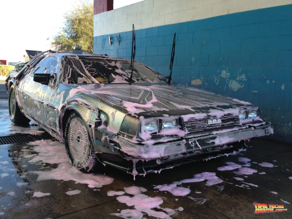 Pink bubble bath time gets the Time Machine vehicle back to its original pre-rental state of cleanliness.